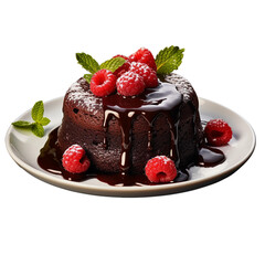 lava chocolate cake on a plate isolated on transparent background