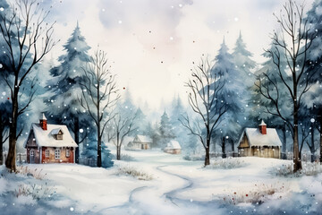 Watercolor festive winter cabins adorned for Christmas background with empty space for text 
