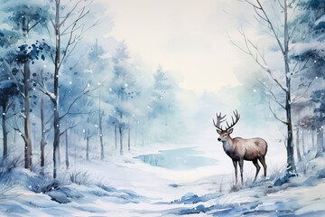 Watercolor sleigh and reindeer in snowy landscapes background with empty space for text 