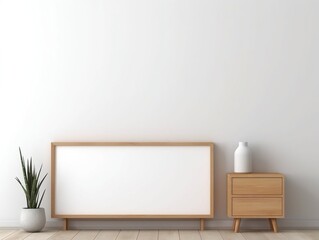 Fototapeta premium White blank frame mockup stands next to wooden cabinets in a white room generative ai