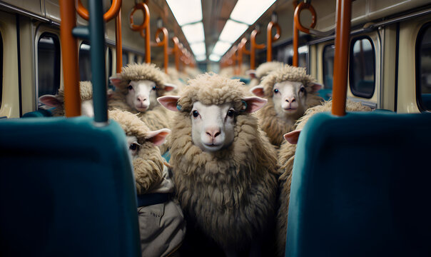 par analogie aux humains, des moutons sont entassés dans un wagon de métro