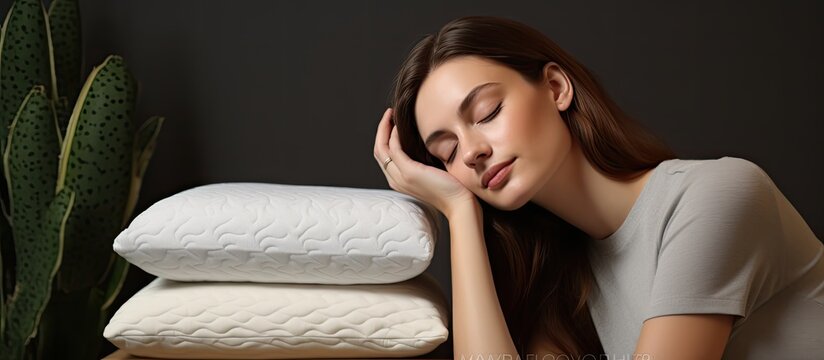 Woman sleeping on memory foam orthopedic pillow not choosing other fluffy sintepon pillows With copyspace for text