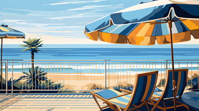 Amazing view from terrace on the beach , AI generated image in art deco style