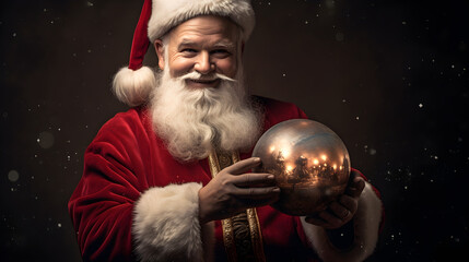 Santa Claus holds a globe in his hands