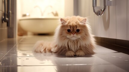 Sad domestic cat sitting on bathroom floor, looking ashamed after urinating outside the litter box. The image depicts a common pet toilet problem, with the unpleasant smell of cat urine in the air.