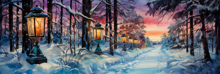 Glowing Christmas lanterns cast vibrant watercolor shadows over snow-laden paths 