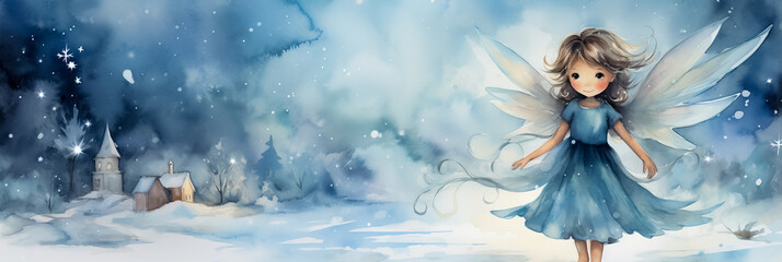 Watercolor snowy landscapes with Christmas angels background with empty space for text 