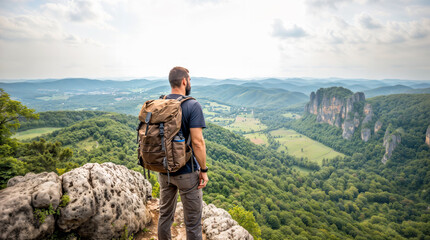 Man on top of a cliff, hiker with a hiking backpack looking at a beautiful landscape, vegetation...