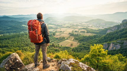 Man on top of a cliff, hiker with a hiking backpack looking at a beautiful landscape, vegetation...