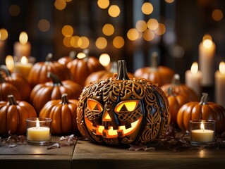 Sinister pumpkin as Halloween symbols tabletop home holiday decor. AI