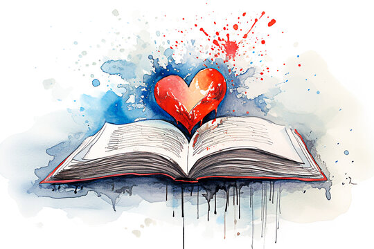 Open book with red heart on a background of watercolor splashes. Selective Focus.