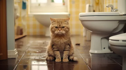Poster Sad domestic cat sitting on bathroom floor, looking ashamed after urinating outside the litter box. The image depicts a common pet toilet problem, with the unpleasant smell of cat urine in the air. © TensorSpark