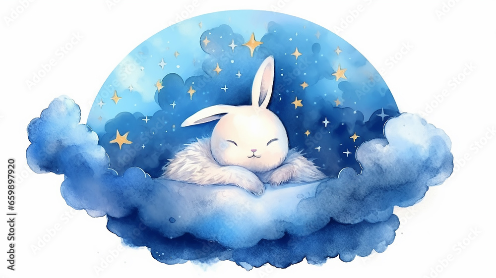 Wall mural cute little bunny rabbit sleeping on a cloud watercolor drawing.