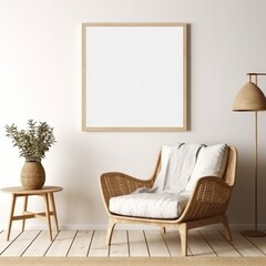 photo frame mock up in boho and minimal style living room at home, blank poster frame mockup design