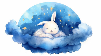 cute little bunny rabbit sleeping on a cloud watercolor drawing. - obrazy, fototapety, plakaty