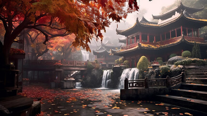autumn landscape in the ancient Chinese city of Zen oriental weather.