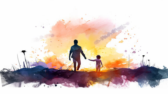 watercolor drawing isolated on a white background father walking hand in hand with his son view from the back.