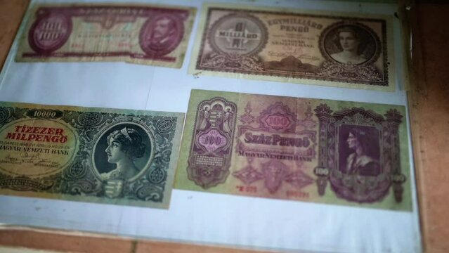 Old money bills, Hungarian vintage banknotes, retro paper money close-up, pengő currency of Hungary