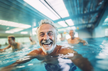 Fototapeta premium Portrait of a dynamic senior man doing group aqua-gym in a swimming pool, smiling at the camera. Generative ai