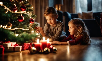 Children decorating christmas tree, Generative AI