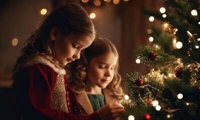 Children decorating christmas tree, Generative AI
