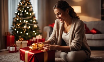 Obraz na płótnie Canvas Smiling young woman wrapping Christmas gifts in front of a Christmas Tree in her living room, Generative AI