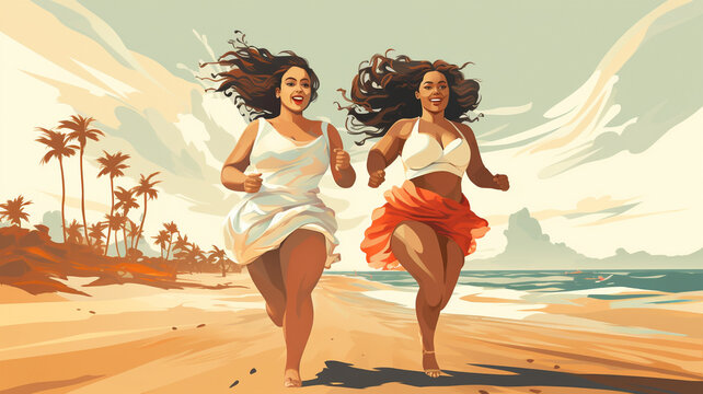 Ai generated draw image of women running in the beach
