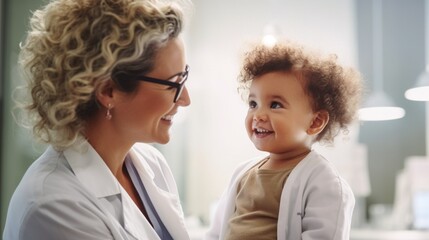 A woman doctor in medical clothing connecting with a child during a conversation.
