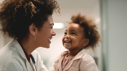 A multicultural female doctor in medical attire talking to a child.