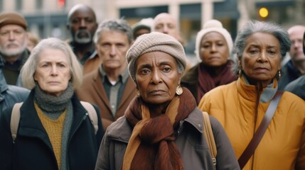 Obraz premium A group of multicultural seniors, both men and women, stand in protest on a city street.