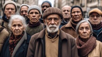 Multicultural senior men and women gather for a street protest. - obrazy, fototapety, plakaty