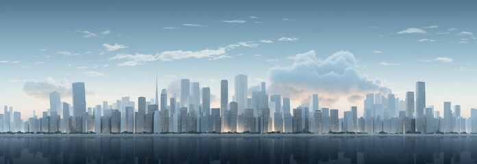 Urban skyline with gleaming white skyscrapers, portrayed in 3D rendering