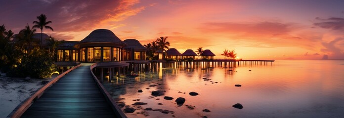 Tropical sunset paints luxury resort villas in a dreamy seascape paradise - obrazy, fototapety, plakaty