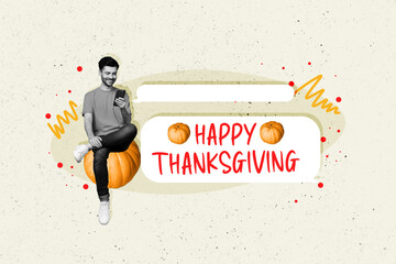 Artwork collage picture of black white colors guy sit pumpkin use smart phone texting happy...