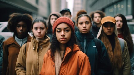 A diverse group of youth makes a statement on a city street. - obrazy, fototapety, plakaty