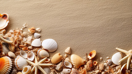 sea abstract background vacation shells sand beach.