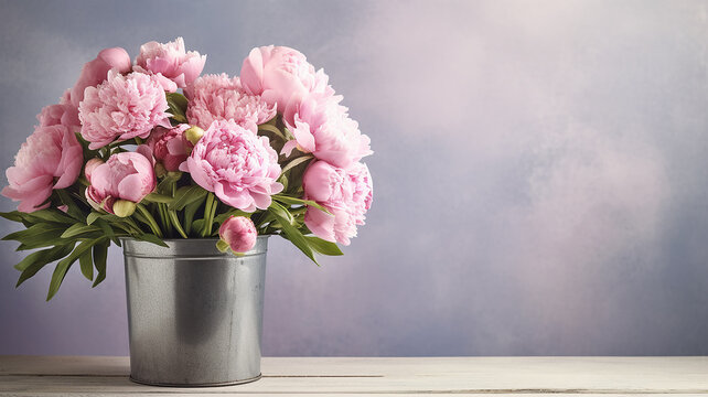 pink peonies in an iron bucket background with a copy space.