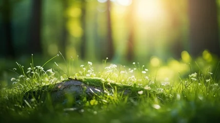 Fotobehang Gras Picturesque photo of a field or meadow: Summer Beautiful spring perfect natural landscape background, defocused blurred green trees in forest with wild grass and sun beams