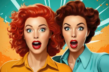 Fotobehang Two friends in retro pop art: Wide-eyed surprise, vivid lips, and dramatic expressions, watching news together. © Sascha