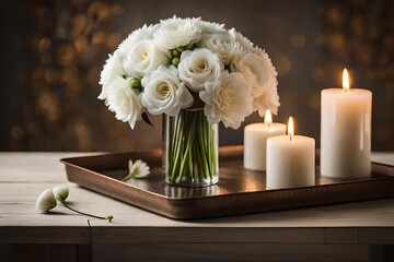 Obraz premium Bouquet of white flowers in a vase, candles on vintage copper tray, wedding home decor on a table