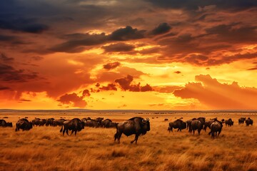 Fototapeta na wymiar herd of buffalos in a game park in kenya during sunset . Cultural heritage preservation