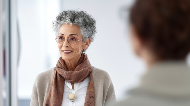 Elderly doctor in white coat discussing with a patient.