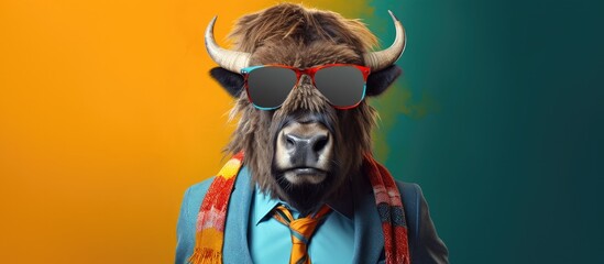 Animal bison portraits, Cool business animal in sunglasses and suit. With copy text space, wide screen. Simple background, Generative AI