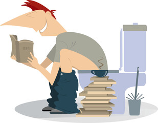 
Man in toilet reading a book. 
Using toilet. A young man using a toilet and reading a book and drinking coffee or tea
