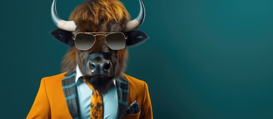 Animal bison portraits, Cool business animal in sunglasses and suit. With copy text space, wide screen. Simple background, Generative AI