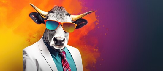 Animal bull portraits, Cool business animal in sunglasses and suit. With copy text space, wide screen. Simple background, Generative AI