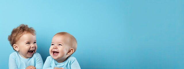 Happy cheerful laughing young baby . With a simple background color for copy text space, wide screen for ads and banners. Generative AI - obrazy, fototapety, plakaty