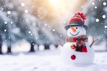 Naklejka na ściany i meble Whimsical Christmas background featuring a charming snowman
