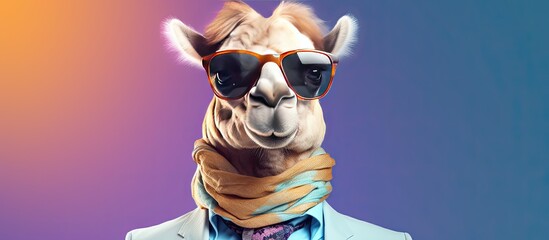 Animal camel portraits, Cool business animal in sunglasses and suit. With copy text space, wide screen. Simple background, Generative AI