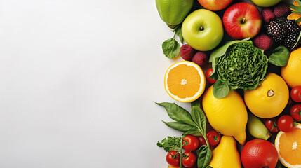 different colored fruits row on white background.